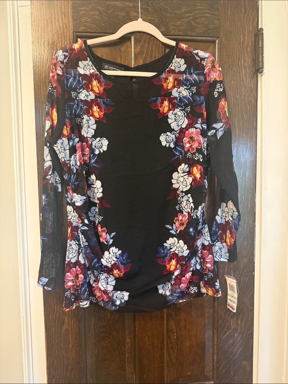 INC Black Floral Long Sleeve blouse with Red, White & Blue Accents
